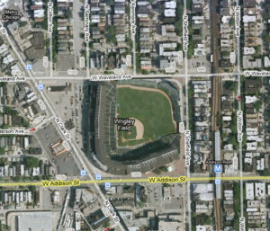 Wrigley Field, the centerpiece of a bustling neighborhood.  Source: Google Maps