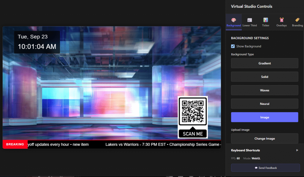 A screenshot of virtual video studio in action